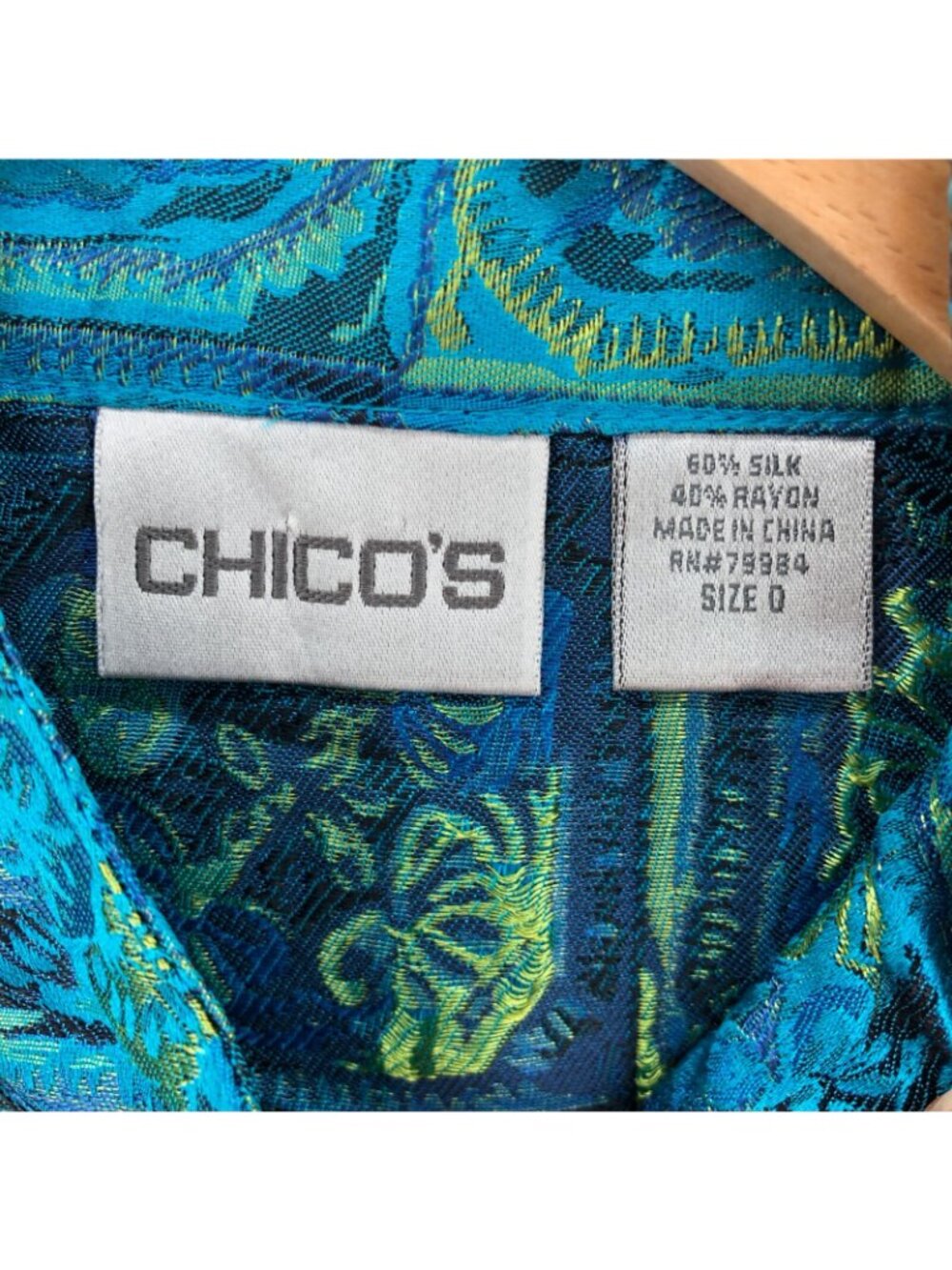 Chicos Jacket Women 0 US Small Green Blue Floral Silk Blend Button Asian Shimmer - Picture 5 of 9